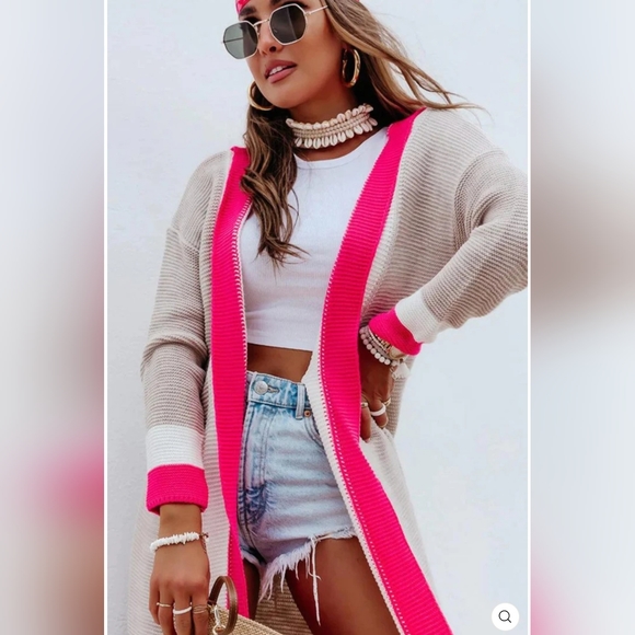 "CERSEI" ITALIAN DESIGNER CARDIGAN LONGLINE COLOR BLOCK IN HOT PINK - US 10-12 - Picture 4 of 11